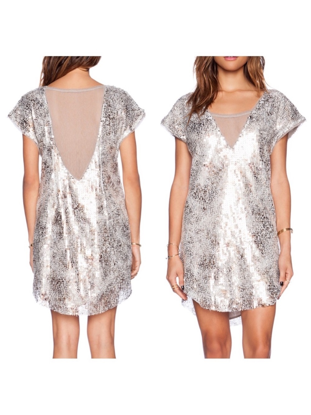 Free People Sequins Ivory Midnight Dreamer Shattered Glass Mini Tunic Dress SML